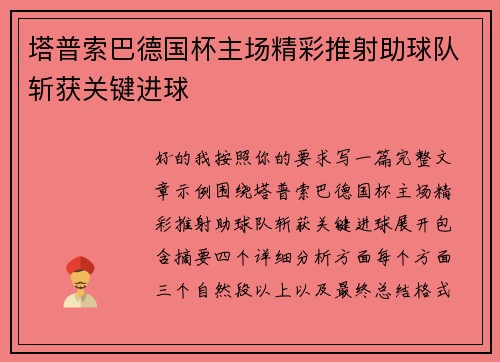 塔普索巴德国杯主场精彩推射助球队斩获关键进球